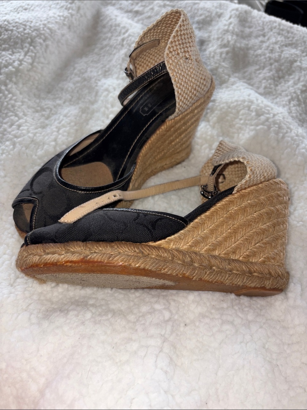 Coach Black and Natural Espadrille Wedge Sandals